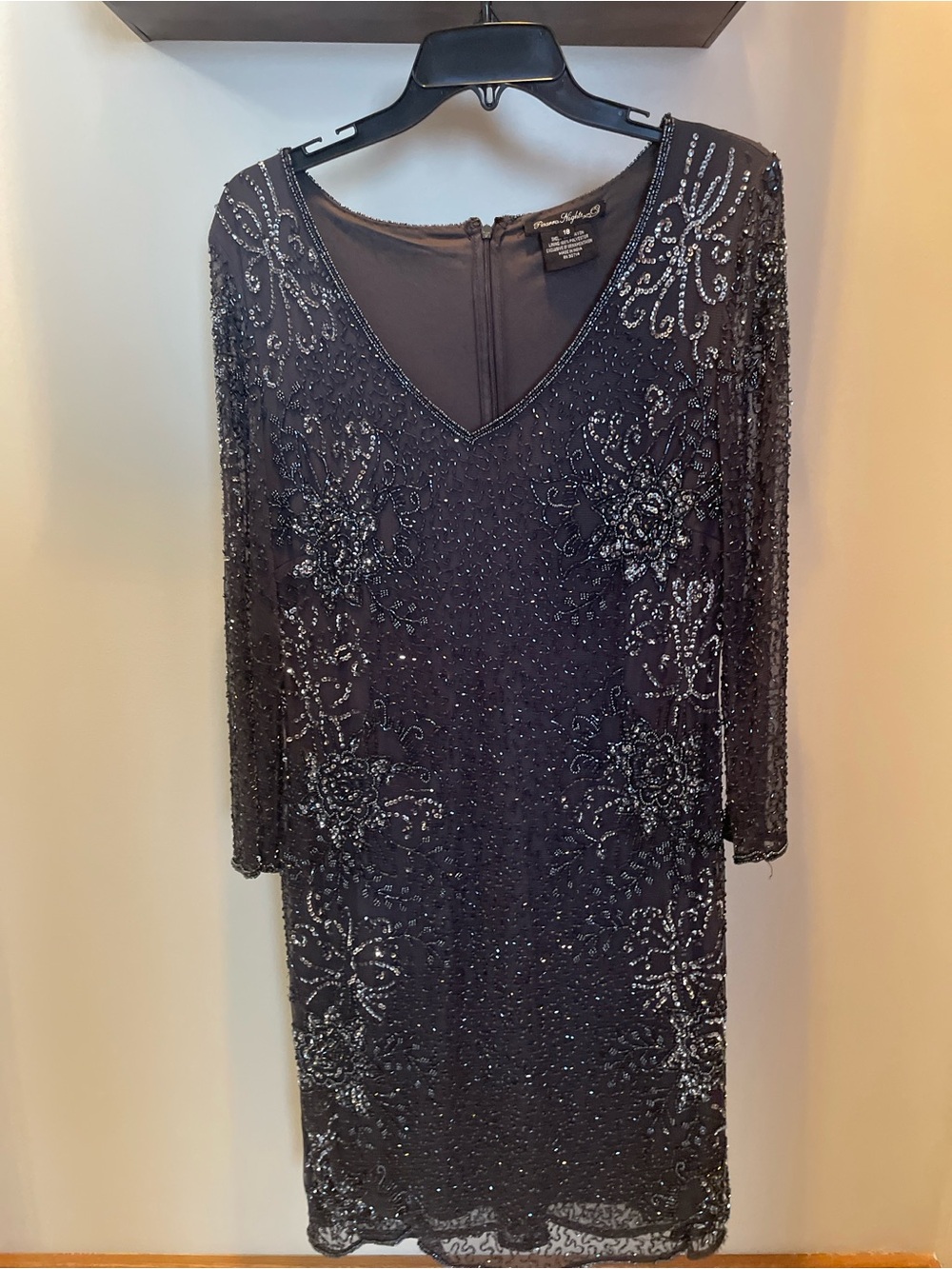 Pisarro Nights Black Beaded Elbow length Sleeve V-Neck Cocktail Dress
